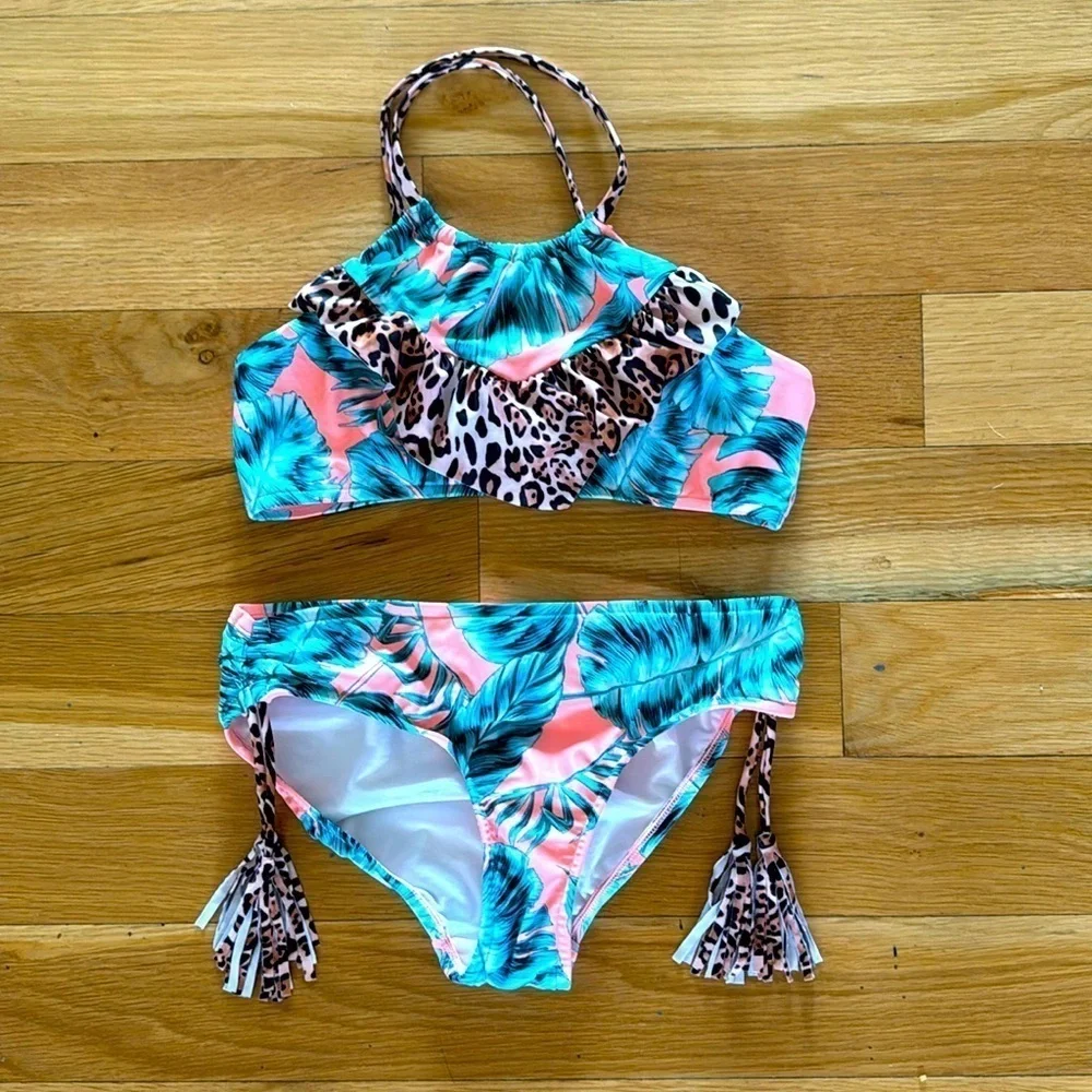 Seafolly Tropical Floral Leopard Print Two Piece Bikini Girls 12